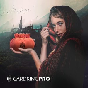 Cloaked lady holding a orange Cardkingpro dice bag